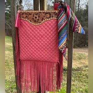 💕NEW PINK QUILTED GENUINE LEATHER TOOLED CROSSBODY BAG PURSE W/ FRINGE💞